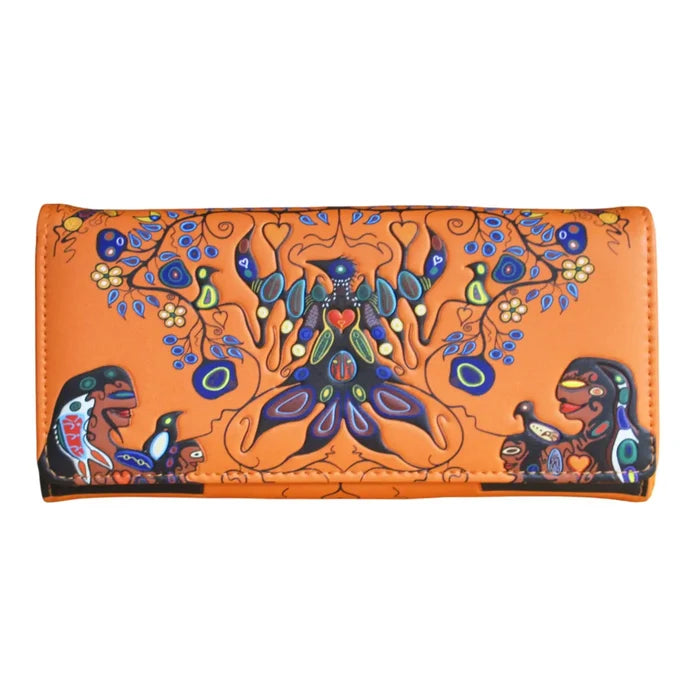 A Family Reimagined Wallet featuring Anishinaabe art by Cody Houle with intricate designs on a vibrant orange background.