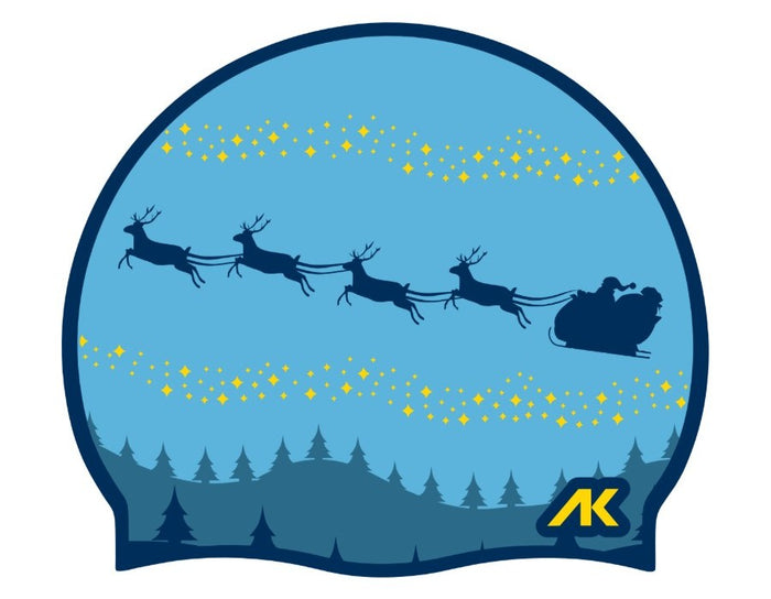 AK Reindeer Santa Sky Christmas silicone swim hat in blue and yellow, featuring festive holiday reindeer and Santa design.