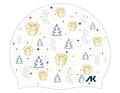 AK Small Christmas Details silicone swim hat in white, blue, and gold with festive holiday accents.