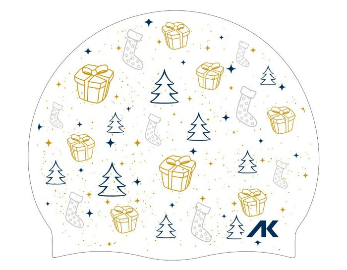 AK Small Christmas Details silicone swim hat in white, blue, and gold with festive holiday accents.