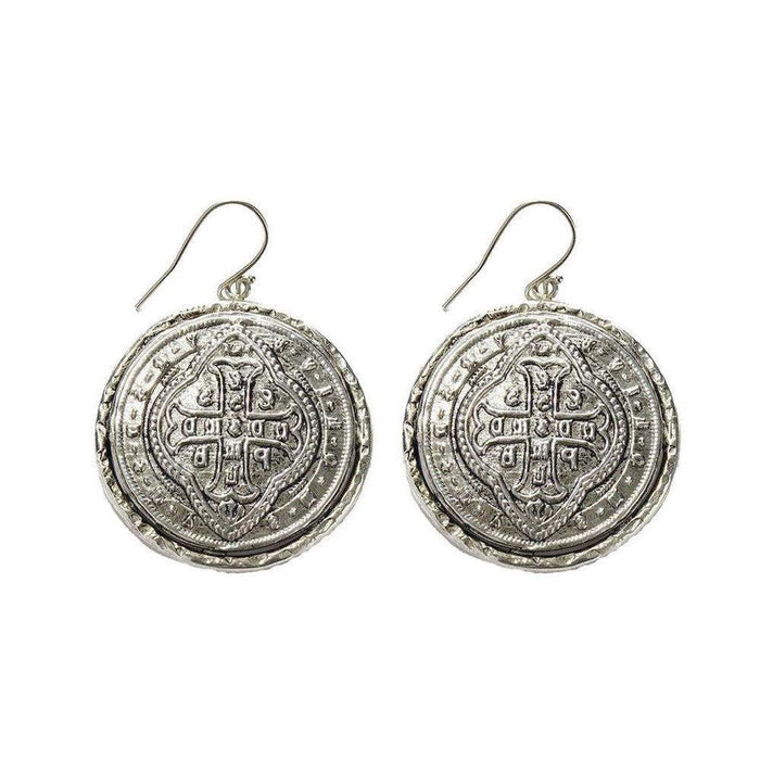 Alcazar silver coin hook earrings with ornate detailing.