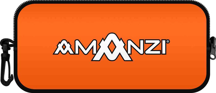 Orange Amanzi Sherbet neoprene goggle case with zipper closure, designed to protect and carry swimming goggles.