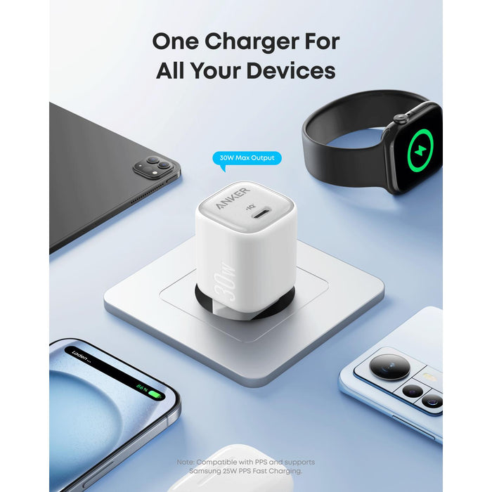 Anker Zolo 30W Compact USB C GaN Charger - White (A2698L21)