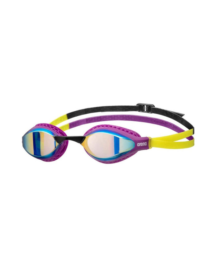 Arena Airspeed Mirror Racing Goggles in aqua, plum, and lime with reflective lenses, designed for competitive swimming.