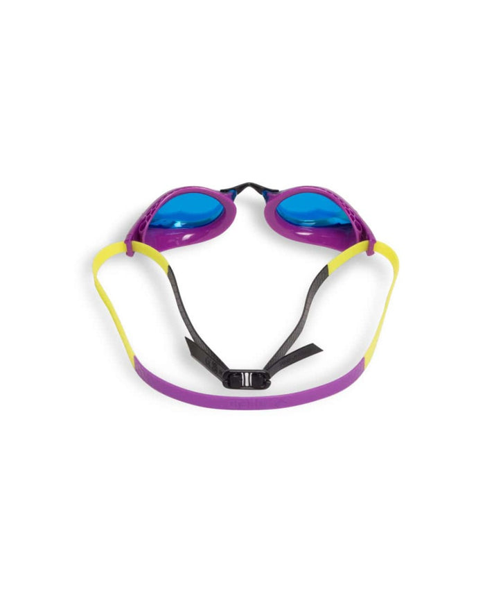 Arena Airspeed Mirror Racing Goggles in aqua, plum, and lime with reflective lenses, designed for competitive swimming.