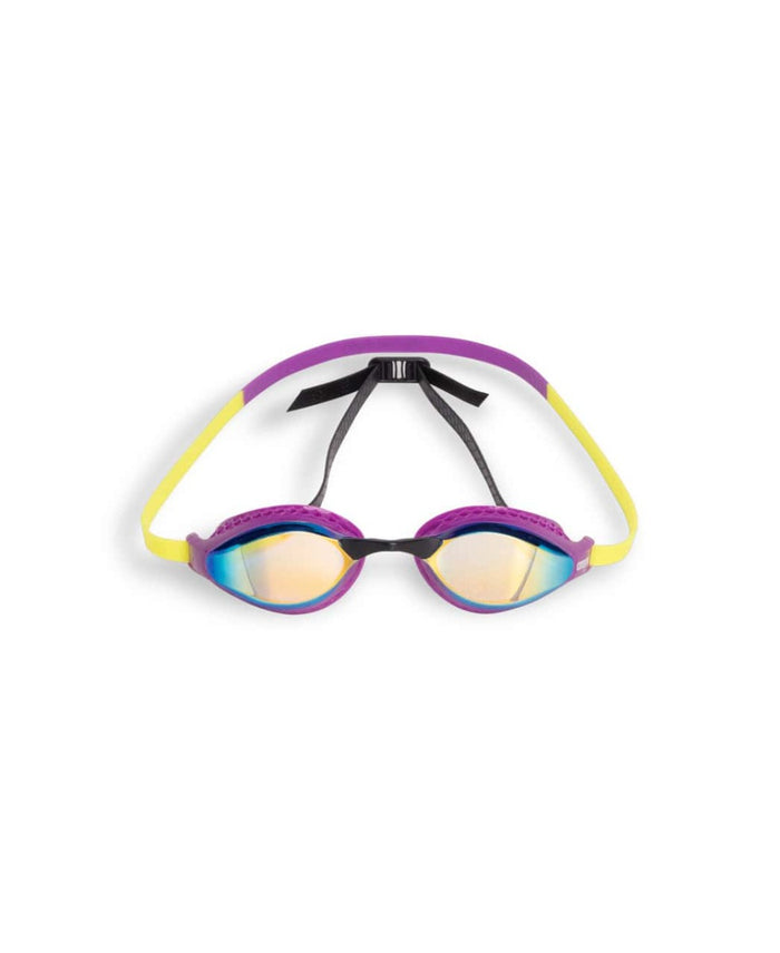 Arena Airspeed Mirror Racing Goggles in aqua, plum, and lime with reflective lenses, designed for competitive swimming.