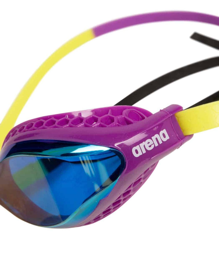 Arena Airspeed Mirror Racing Goggles in aqua, plum, and lime with reflective lenses for competitive swimming.