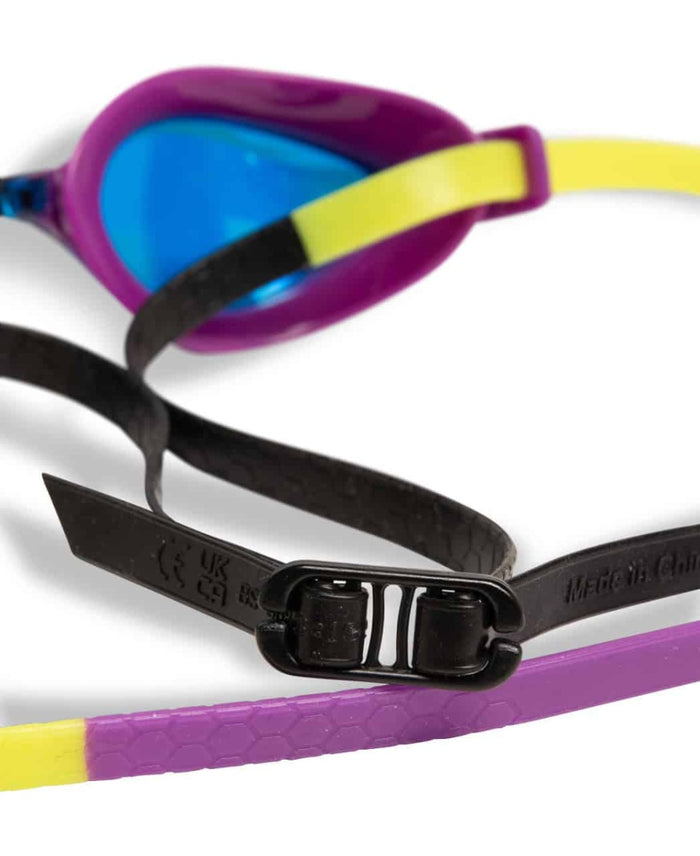 Arena Airspeed Mirror Racing Goggles in aqua, plum, and lime with reflective lenses for competitive swimming.