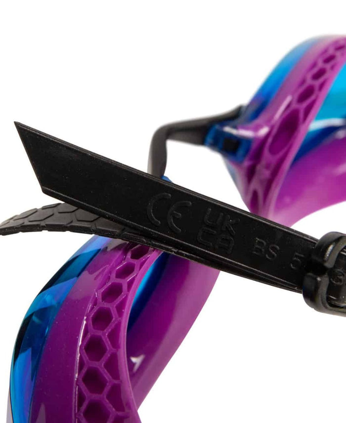 Arena Airspeed Mirror Racing Goggles in aqua, plum, and lime with reflective lenses for competitive swimming.