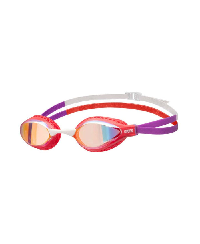 Arena Airspeed mirror racing goggles in copper, coral, and plum with reflective lenses and adjustable strap for competitive swimming.