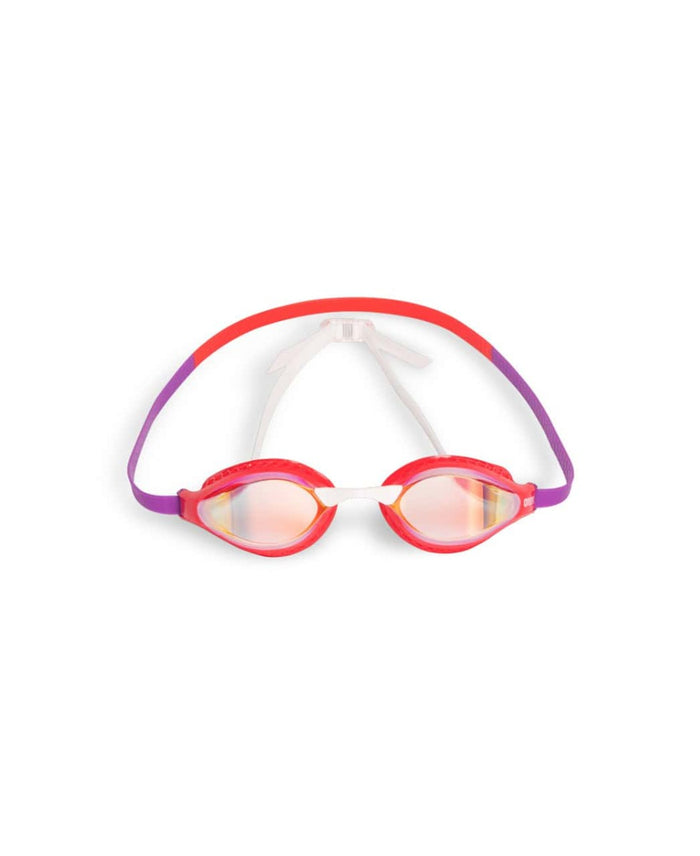 Arena Airspeed Mirror Racing Goggles in copper, coral, and plum with reflective lenses, designed for competitive swimming.