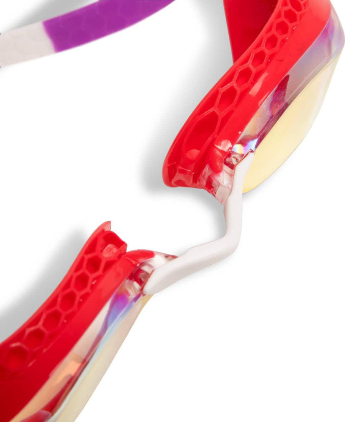 Arena Airspeed Mirror Racing Goggles in copper, coral, and plum with reflective lenses for competitive swimming.