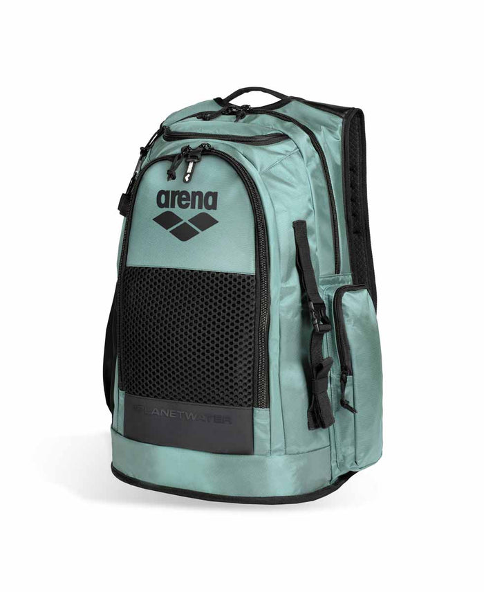 Arena All Set Backpack 45L in Sage with multiple compartments and adjustable straps, designed for sports and outdoor use.
