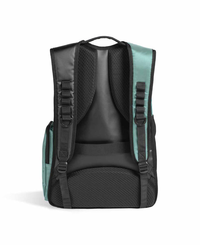Arena All Set Backpack 45L in Sage, a spacious sports backpack with multiple compartments and padded straps for comfortable carrying.