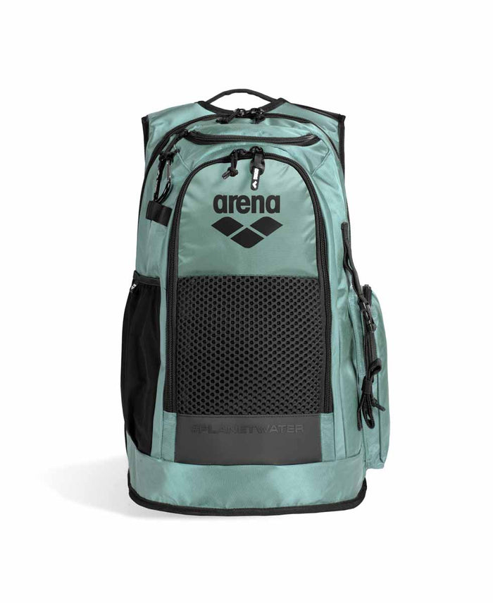Arena All Set Backpack 45L in sage green, featuring multiple compartments and sturdy straps for sports and everyday use.
