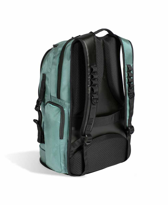 Arena All Set Backpack 45L in sage green, featuring multiple compartments and adjustable straps for versatile carrying.