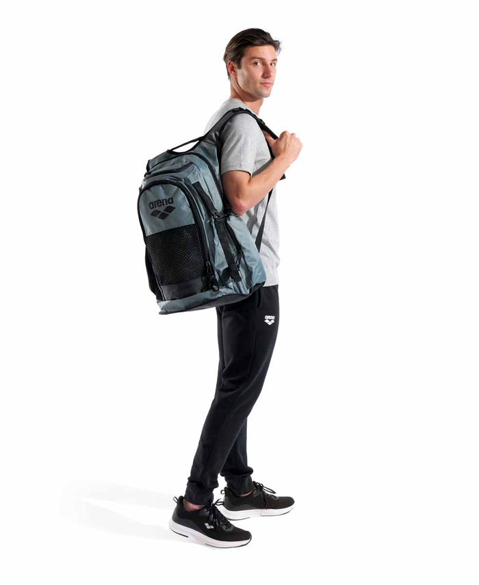Arena All Set Backpack 45L in sage, featuring multiple compartments and padded straps for comfortable carrying.