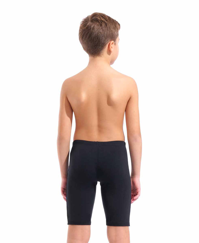 Arena boys' black and turquoise swim jammer, made for competitive swimming, featuring a snug fit and bold design.