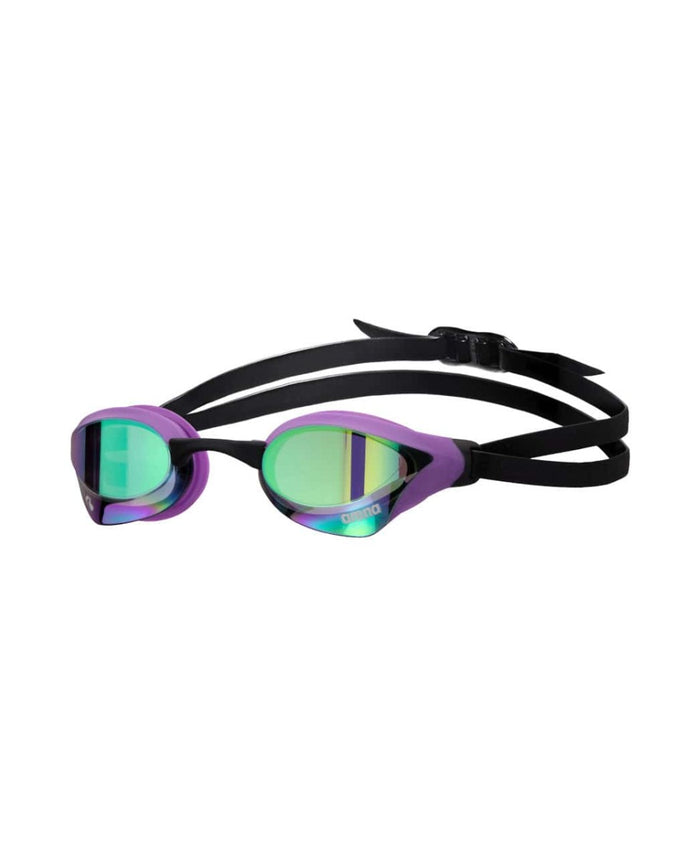 Arena Cobra Core Swipe Mirror Racing Goggles in emerald, plum, and black with reflective lenses for competitive swimming.
