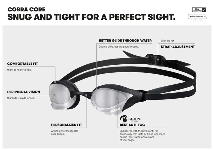 Arena Cobra Core Swipe Mirror Racing Goggles in emerald, plum, and black with mirrored lenses, designed for competitive swimming.