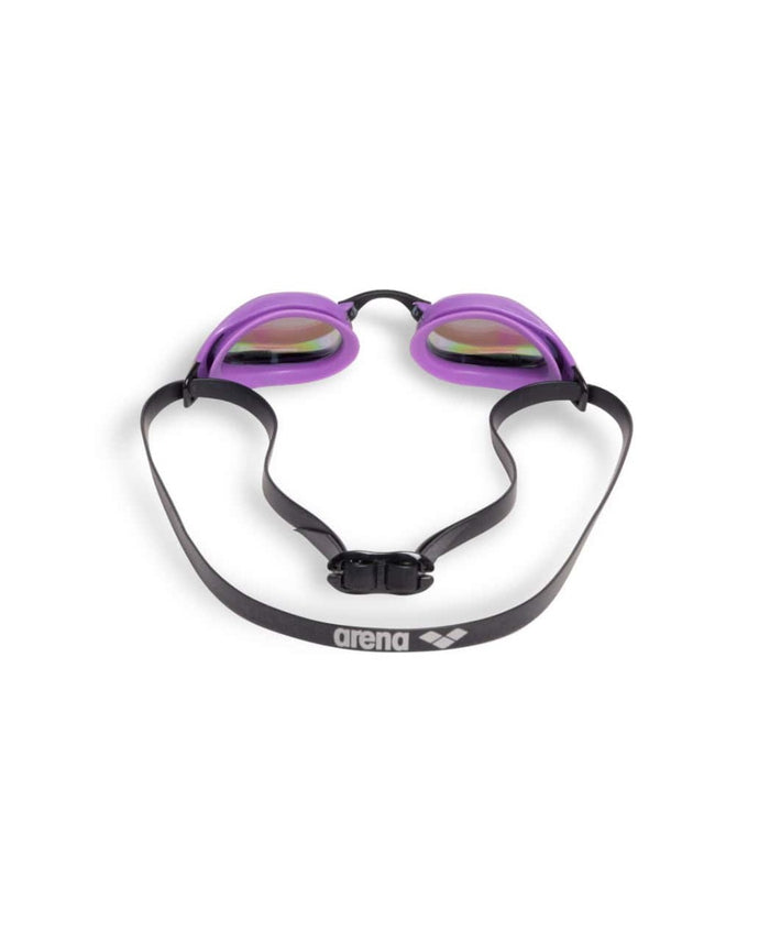 Arena Cobra Core Swipe Mirror Racing Goggles in emerald, plum, and black with mirrored lenses for competitive swimming.