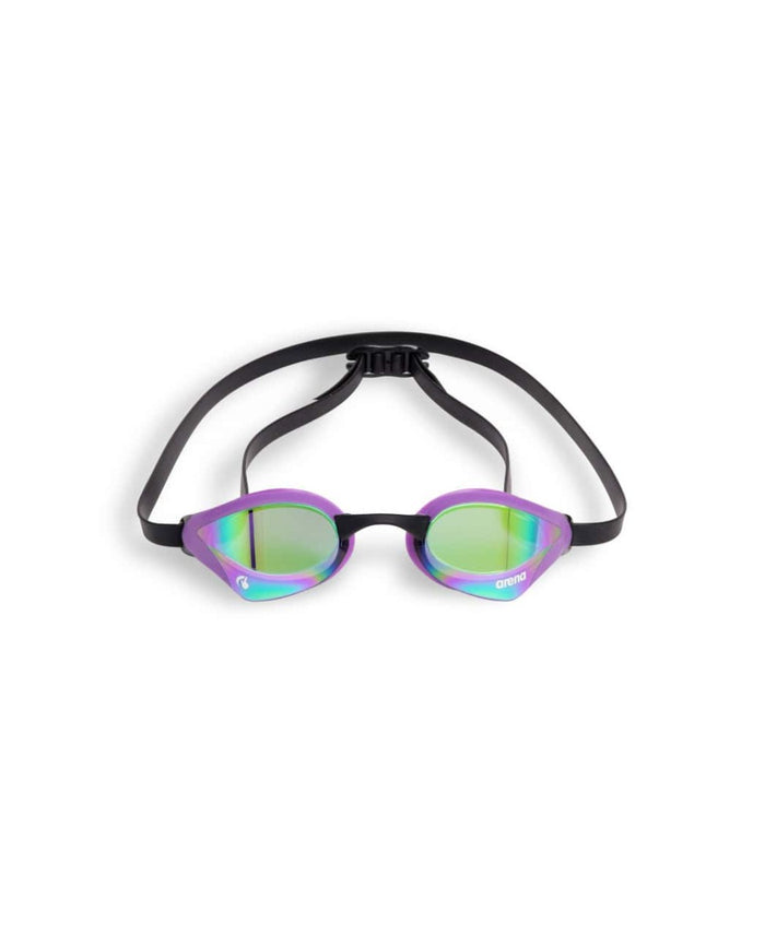 Arena Cobra Core Swipe Mirror Racing Goggles with emerald, plum, and black design, featuring a sleek, aerodynamic fit for swimming.