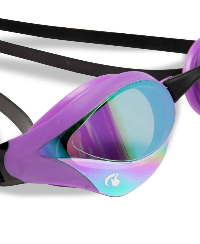 Arena Cobra Core Swipe Mirror Racing Goggles in emerald, plum, and black with sleek design and mirrored lenses for swimming.