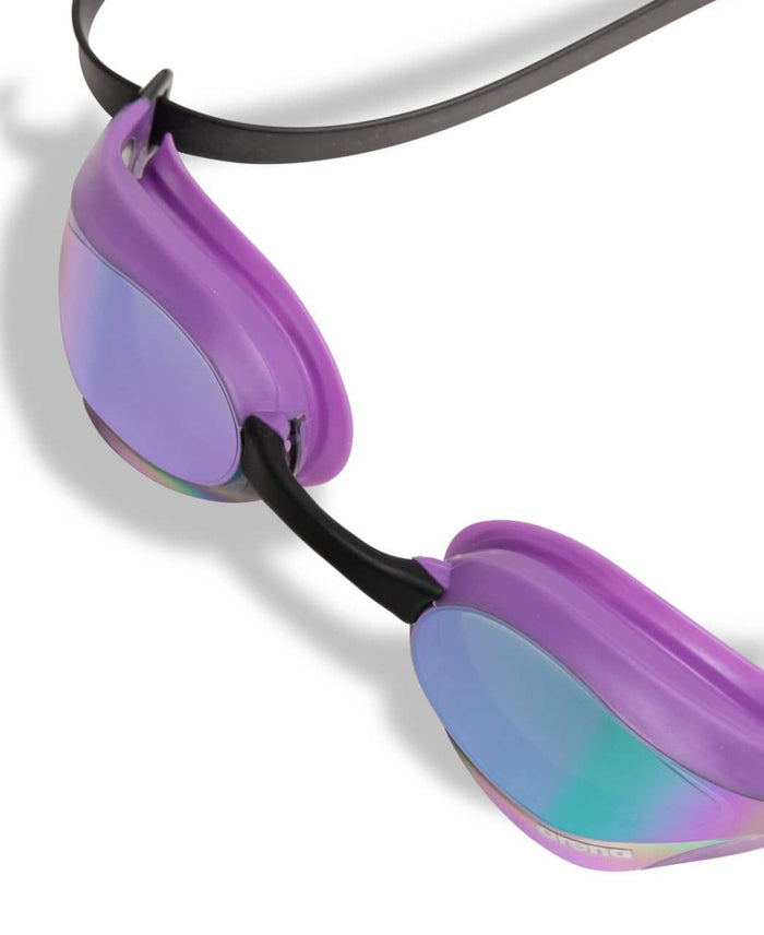 Arena Cobra Core Swipe Mirror Racing Goggles in emerald, plum, and black with mirrored lenses for competitive swimming.