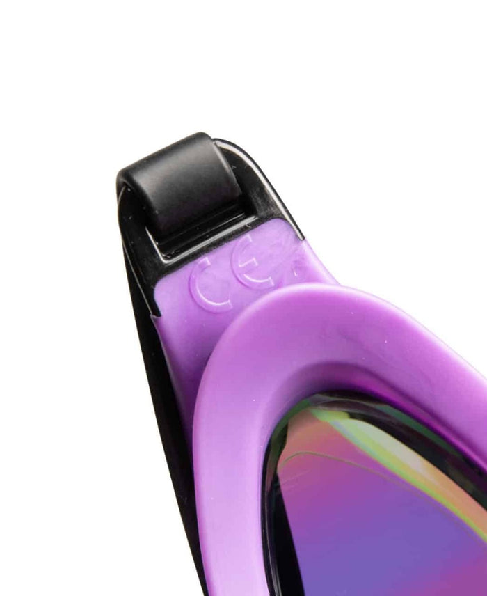 Arena Cobra Core Swipe Mirror Racing Goggles in emerald, plum, and black with mirrored lenses for competitive swimming.