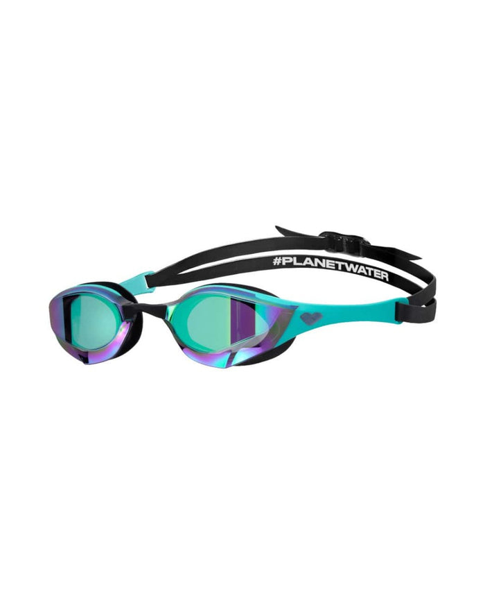 Arena Cobra Edge Swipe Mirror Racing Goggles in emerald, peacock, and black with reflective mirror lenses for swimming.