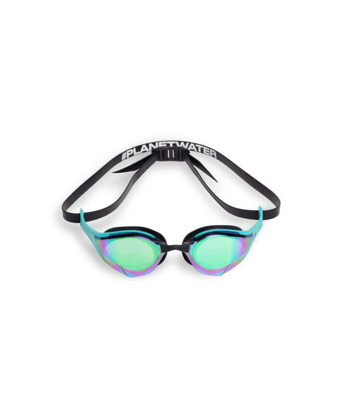 Arena Cobra Edge Swipe Mirror Racing Goggles in emerald, peacock, and black with reflective mirrored lenses and adjustable strap.