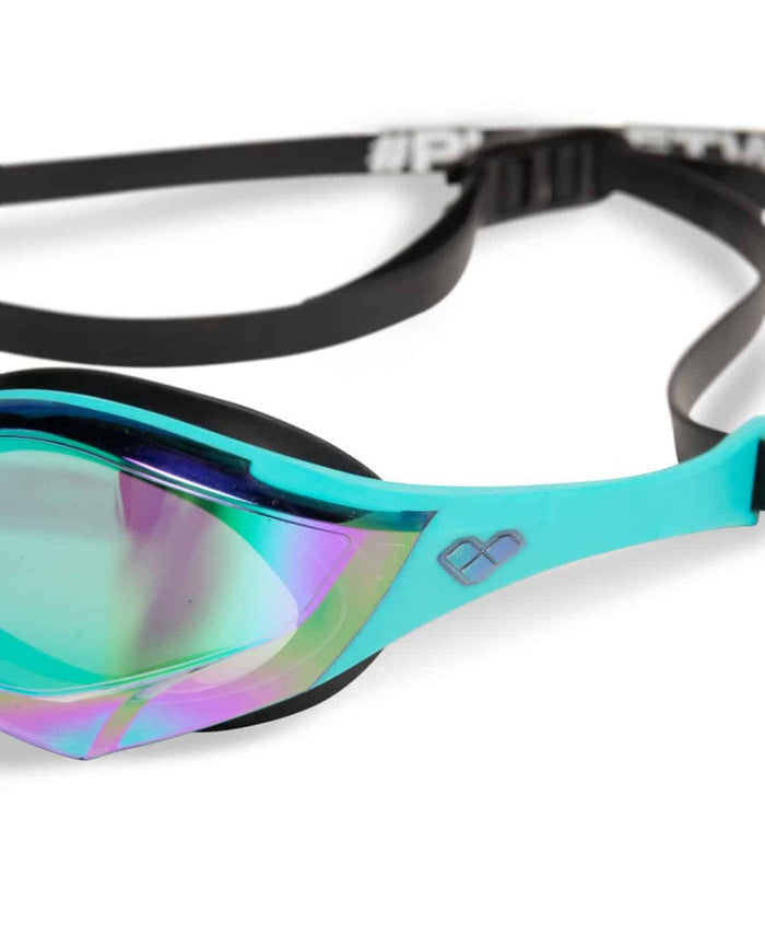 Arena Cobra Edge Swipe Mirror Racing Goggles in emerald, peacock, and black with reflective mirror lenses.