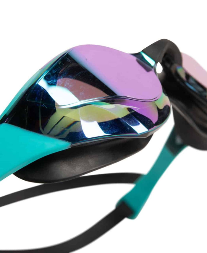 Arena Cobra Edge Swipe Mirror Racing Goggles with emerald, peacock, and black design, featuring reflective mirror lenses for swimming.