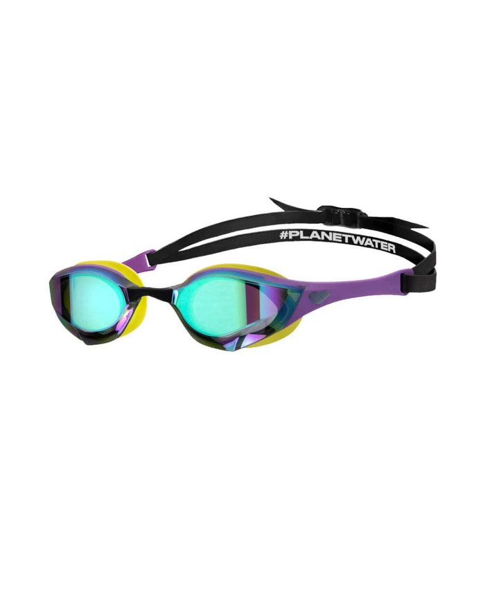 Arena Cobra Edge Swipe Mirror Racing Goggles in emerald, plum, and lime with mirrored lenses for competitive swimming.