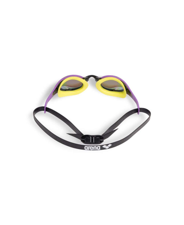 Arena Cobra Edge Swipe Mirror Racing Goggles in emerald, plum, and lime with reflective lenses and adjustable strap.