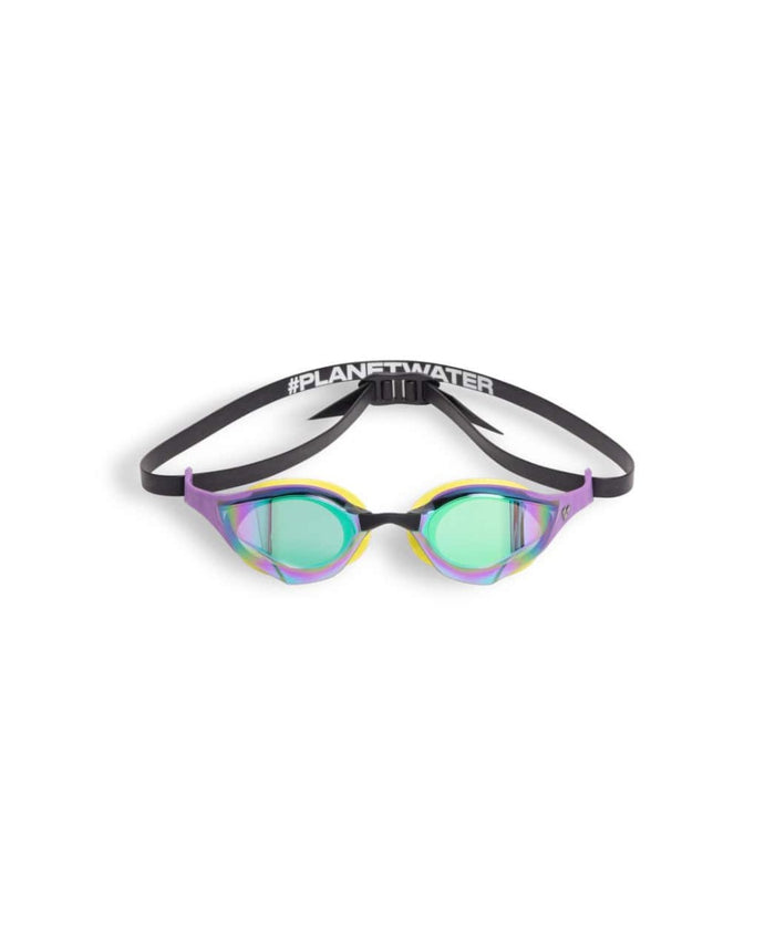Arena Cobra Edge Swipe Mirror Racing Goggles in emerald, plum, and lime with a sleek design and reflective lenses.