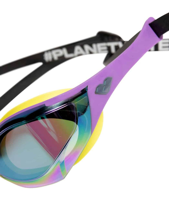 Arena Cobra Edge Swipe Mirror Racing Goggles in emerald, plum, and lime with reflective lenses and adjustable straps.