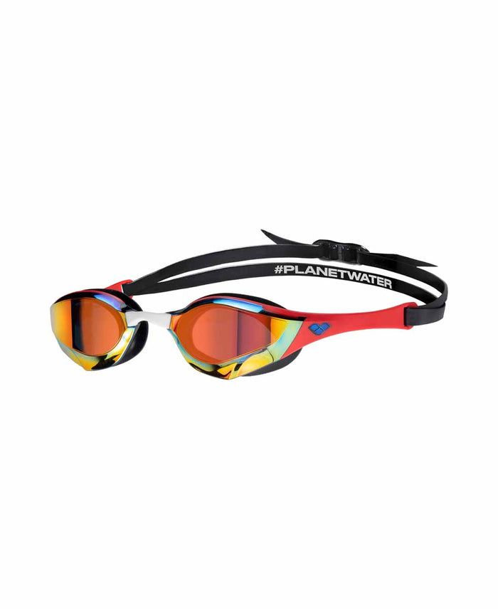 Arena Cobra Edge Swipe mirror racing goggles in gold and red with reflective lenses, designed for competitive swimming.