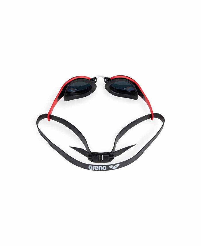 Arena Cobra Edge Swipe Mirror Racing Goggles in gold and red with reflective lenses, designed for competitive swimming.