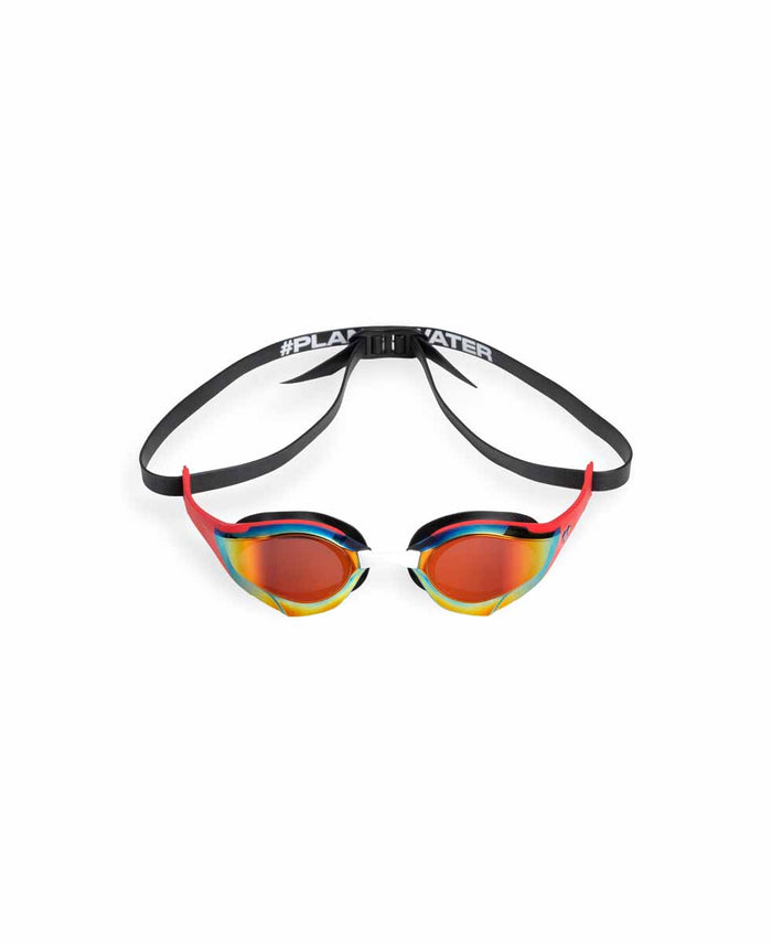 Arena Cobra Edge Swipe mirror racing goggles in gold and red, featuring a sleek design and adjustable strap for competitive swimming.