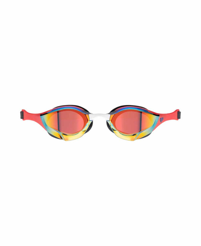 Arena Cobra Edge Swipe Mirror Racing Goggles in gold and red with mirrored lenses, designed for competitive swimming.