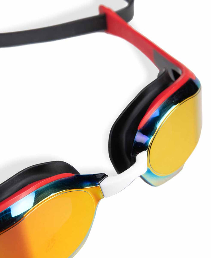Arena Cobra Edge Swipe Mirror Racing Goggles in gold and red with reflective mirror lenses for swimming competitions.