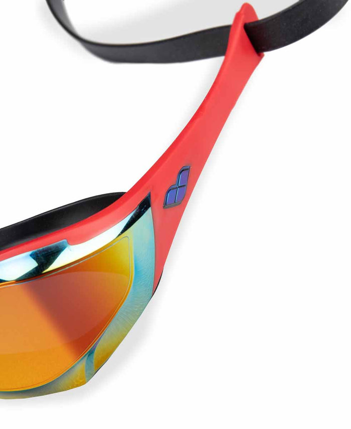 Arena Cobra Edge Swipe Mirror Racing Goggles in gold and red with mirrored lenses and adjustable strap for swimming.