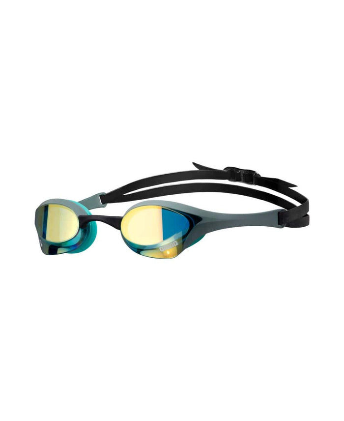 Arena Cobra Ultra Swipe mirror racing goggles in aqua, sage, and peacock colors with sleek design and reflective lenses.