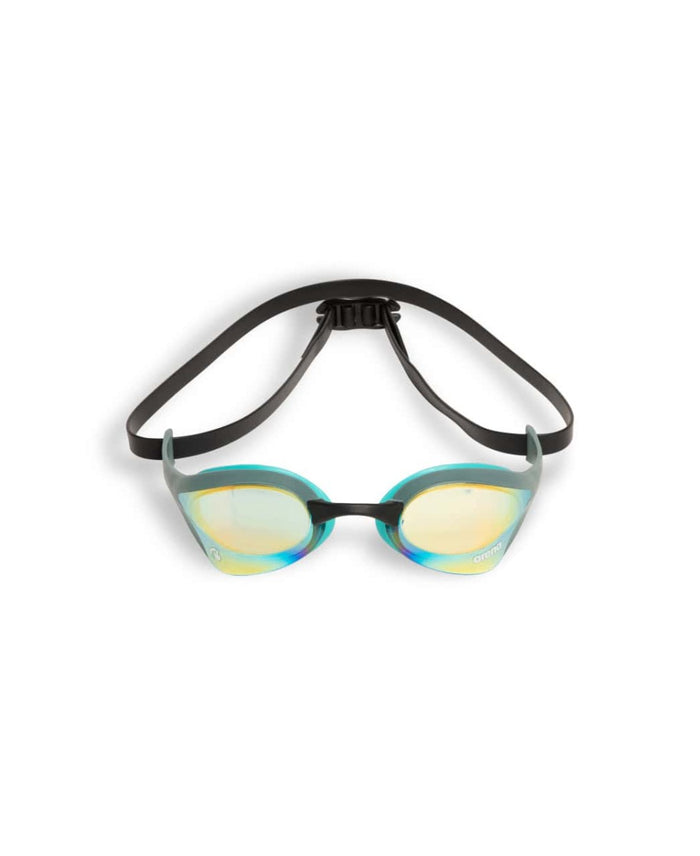 Arena Cobra Ultra Swipe mirror racing goggles in aqua, sage, and peacock with reflective lenses and ergonomic design.