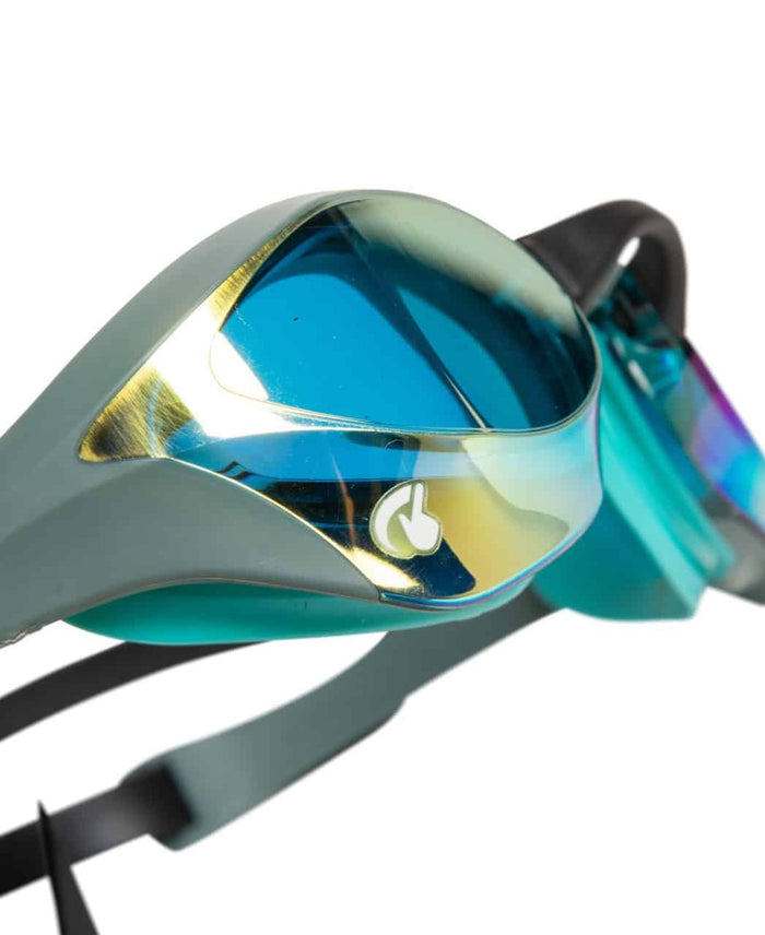 Arena Cobra Ultra Swipe mirror racing goggles in aqua, sage, and peacock colors with reflective lenses for competitive swimming.