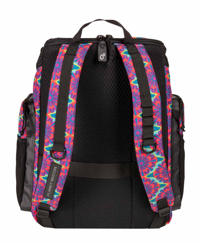 Arena One Go Allover Backpack 45L with a vibrant floral pattern, featuring multiple compartments and adjustable straps.