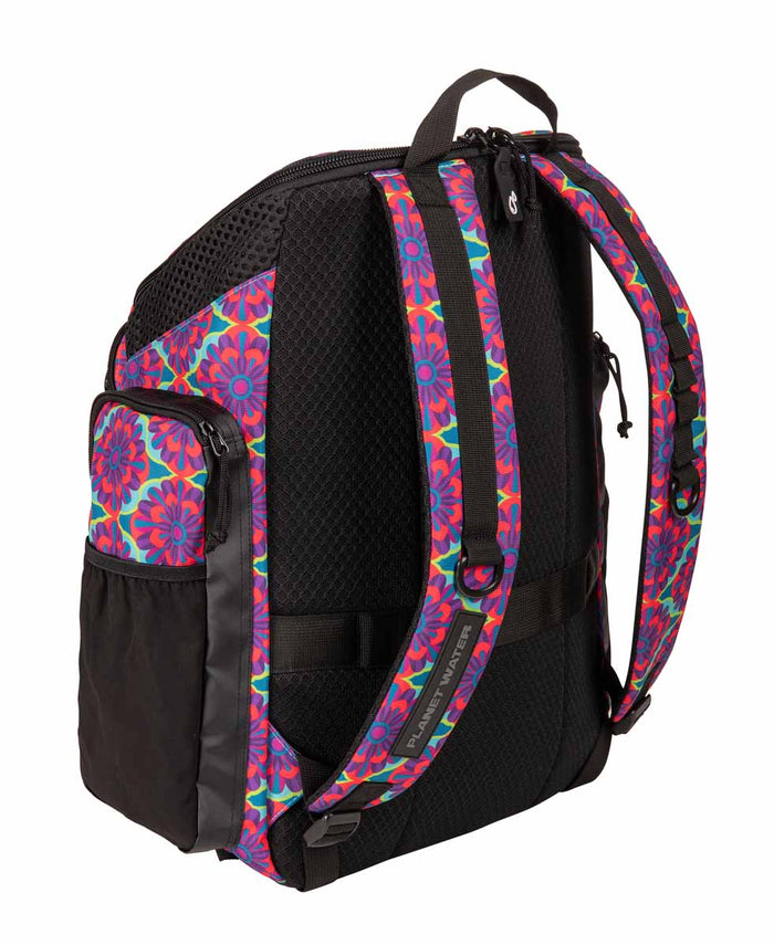 Arena One Go Allover Backpack 45L with floral pattern, featuring multiple compartments and adjustable straps for outdoor use.