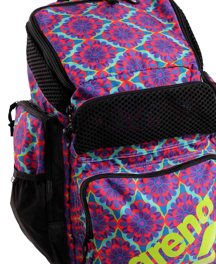 Arena One Go Allover Backpack 45L with vibrant floral pattern, featuring multiple compartments and adjustable straps.