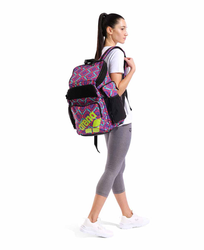 Arena One Go Allover Backpack 45L with floral pattern, featuring multiple compartments and adjustable straps.